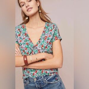 Maeve by Anthropologie|Austen green floral twill oversized collar/Peterpan top•